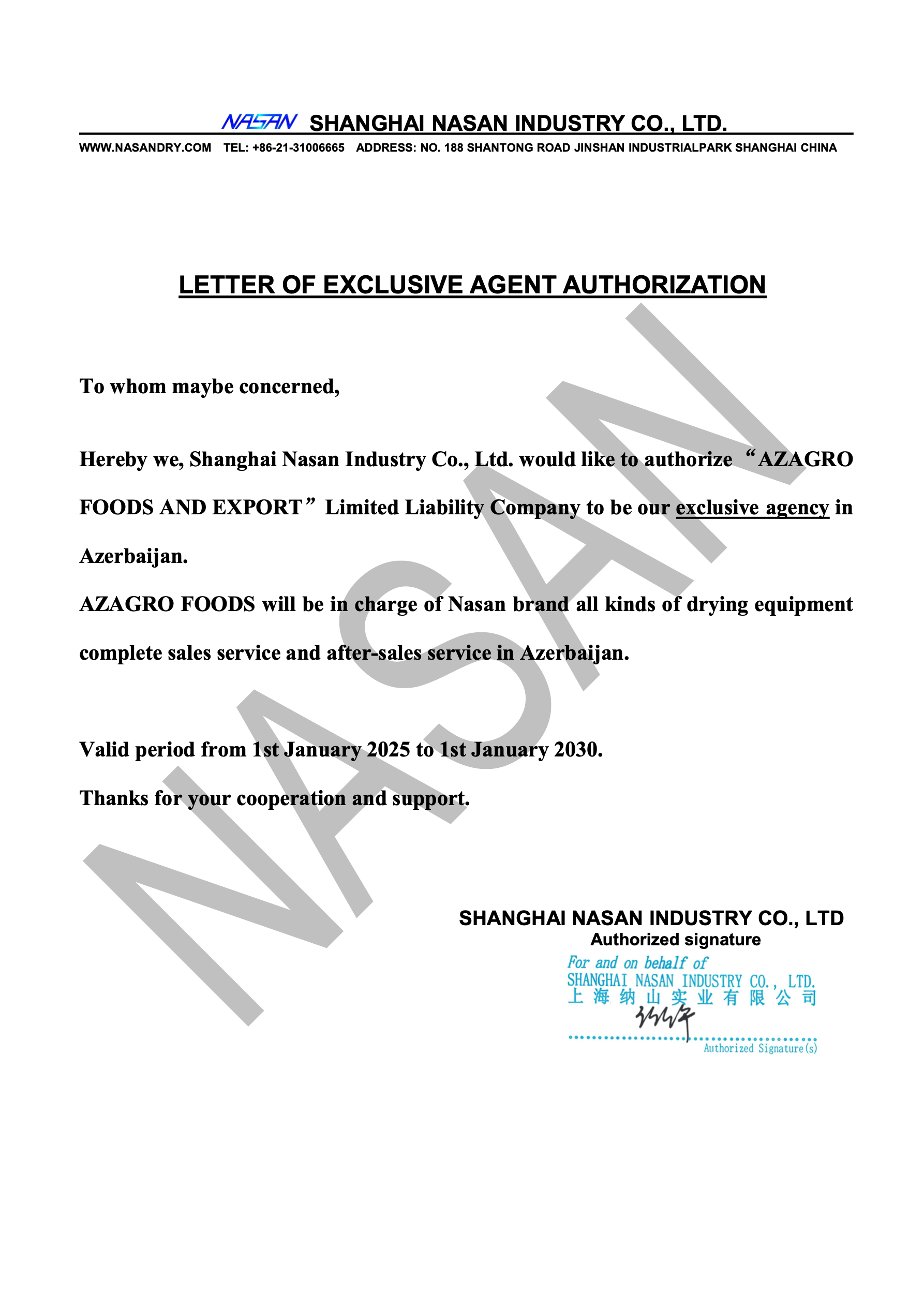 Official distributor letter issued for AzAgro Foods and Export